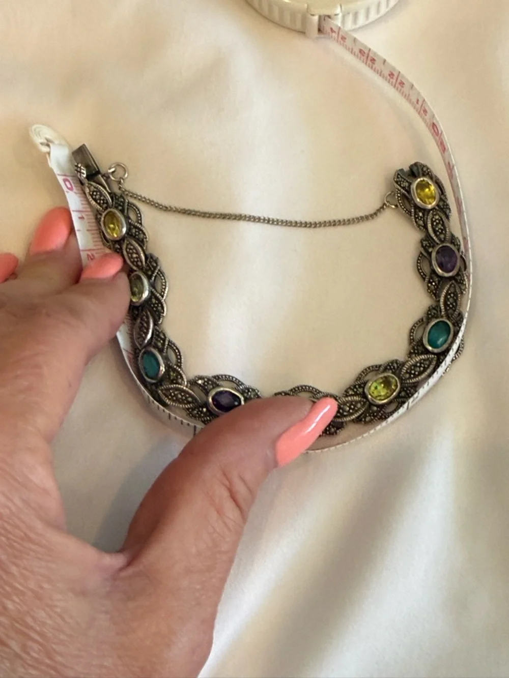 Vintage 925 Silver Marcasite Multi Gemstone Bracelet Amethyst Citrine Art Deco - Picture 5 of 8